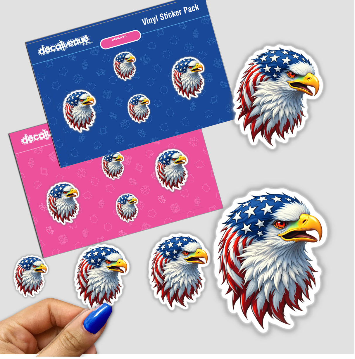 A Cool American Flag Eagle sticker featuring a bald eagle adorned with stars and stripes, reflecting patriotic themes, available as a sticker or digital artwork from Decal Venue.