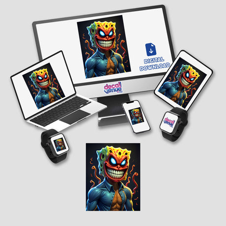 Alien Mutant Superhero Villain displayed on a laptop, tablet, and smartphone, showcasing its availability as unique stickers or digital artwork from Decal Venue.