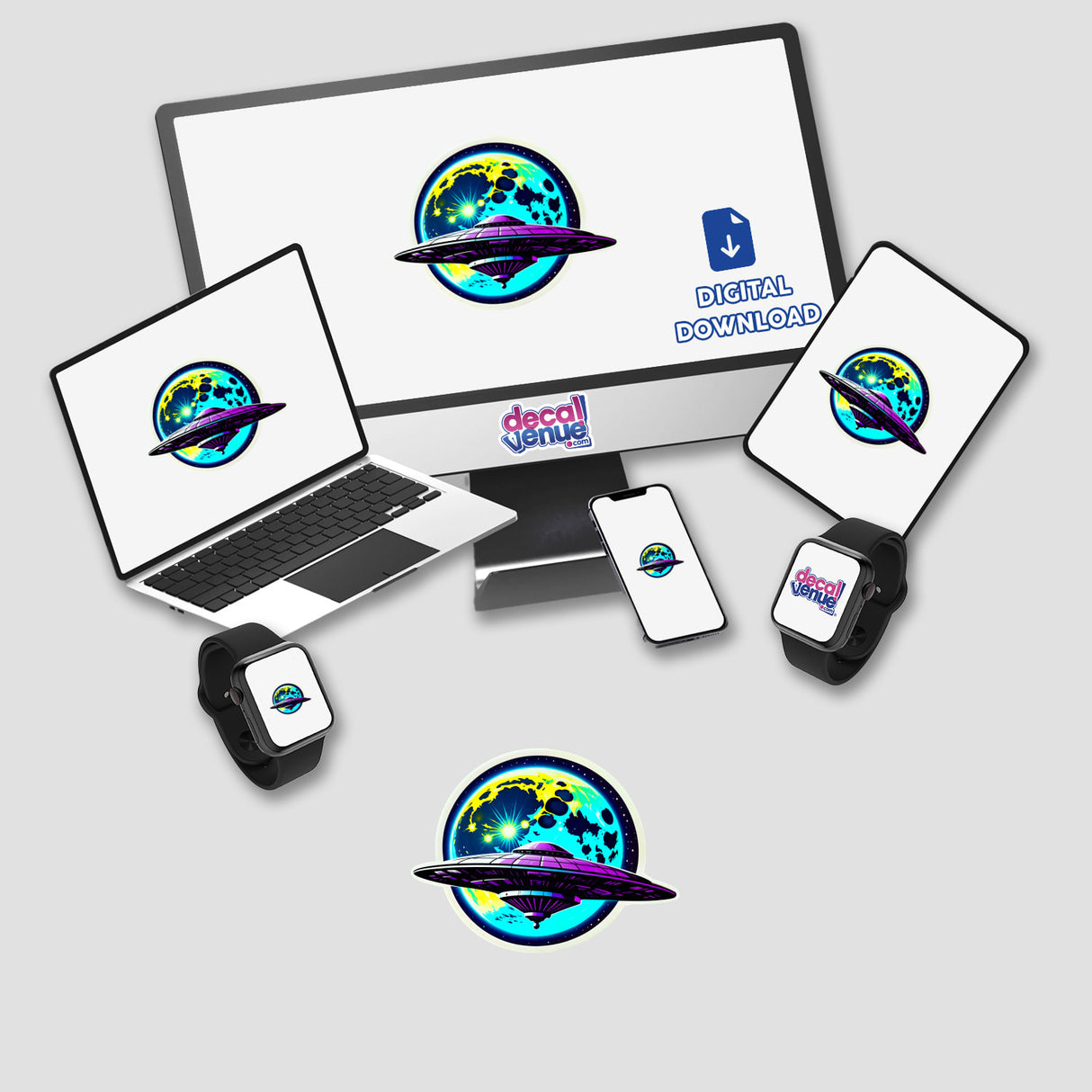 UFO-themed digital artwork titled A UFO In Front Of A Moon displayed on a computer monitor and laptop screen, available as stickers or digital downloads, showcasing a UFO near a moon.