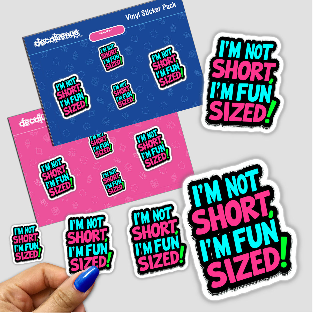 I'm Not Short I'm Fun Sized Funny Quote sticker set featuring playful text designs, available as stickers or digital artwork, highlighting unique and humorous graphic elements.