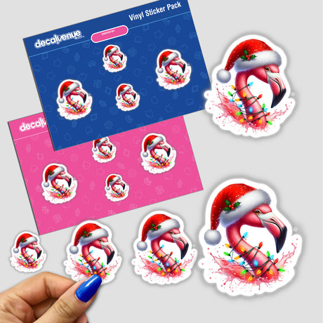 Santa Flamingo in Christmas Lights sticker pack featuring cartoon flamingos adorned with Santa hats and festive lights, available as unique stickers or digital artwork from Decal Venue.