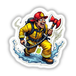 Acabou o Incêndio: Cartoon firefighter holding an axe, available as stickers or digital artwork from Decal Venue.