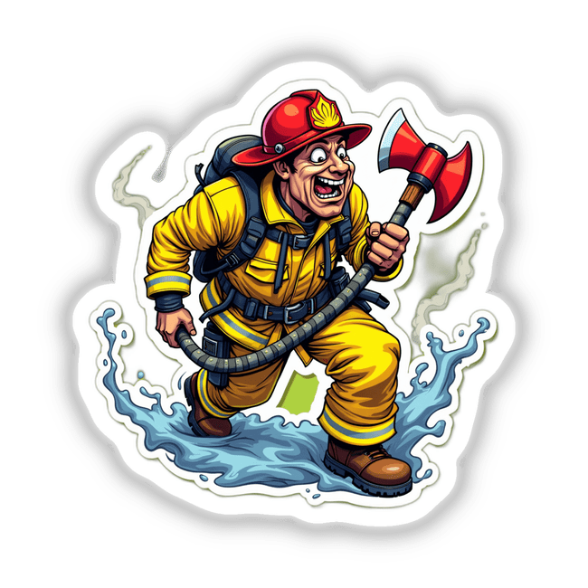 Acabou o Incêndio: Cartoon firefighter holding an axe, available as stickers or digital artwork from Decal Venue.