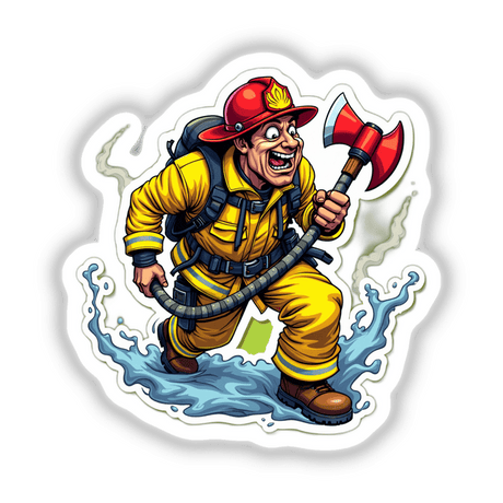 Acabou o Incêndio: Cartoon firefighter holding an axe, available as stickers or digital artwork from Decal Venue.