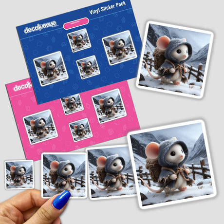 Winter Mouse sticker pack featuring cartoon mice wearing capes and backpacks, ideal for unique sticker collections or digital artwork. A hand is shown holding the pack.