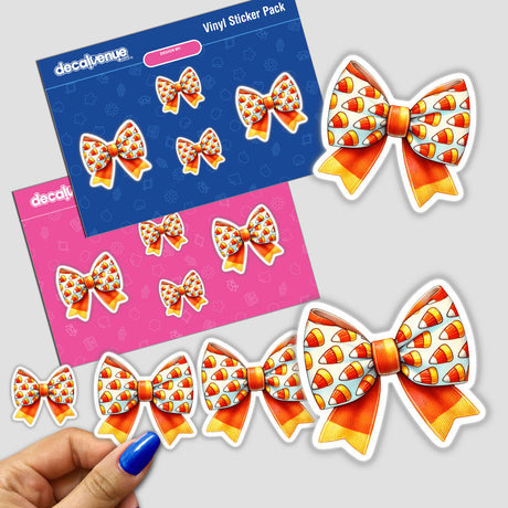 Candy Corn Pattern Coquette Bow stickers featuring detailed bows in a sticker pack, ideal for decorating or crafting.