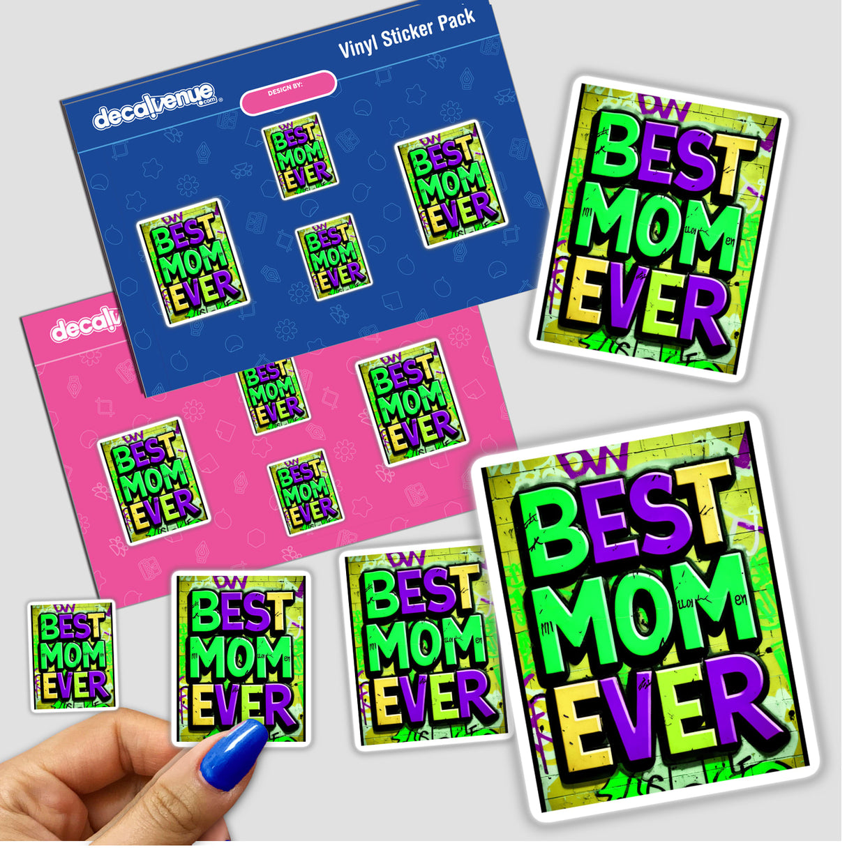 Best Mom Ever stickers featuring graphic text design, available as physical stickers or digital artwork from Decal Venue, emphasizing unique sticker artistry.