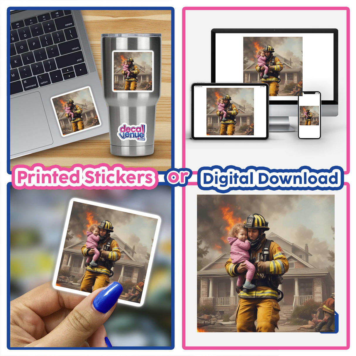 Collage of a firefighter holding a baby, part of the Hero Series 3 collection from Decal Venue, available as stickers or digital artwork.