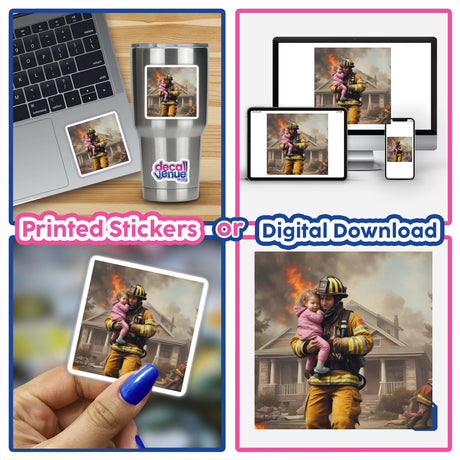 Collage of a firefighter holding a baby, part of the Hero Series 3 collection from Decal Venue, available as stickers or digital artwork.