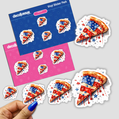 Patriotic Pizza Vinyl Stickers - Artistic slices of pizza featuring a patriotic design with stars and stripes in vivid colors, displayed on a Decal Venue sticker pack.