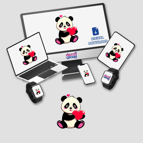 A Cute Panda Bear With Love Hearts depicted on a computer monitor and laptop, showcasing the design ideal for stickers or digital artwork from Decal Venue.