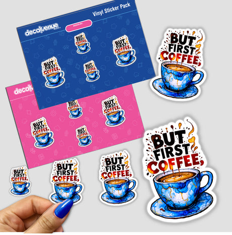 Hand holding a 'But First Coffee Quote' sticker pack featuring various coffee cup designs, ideal for decoration or digital use from Decal Venue.