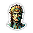 Illustration of a Native American Warrior Chief wearing a headdress, available as stickers or digital artwork at Decal Venue. Features intricate details typical of unique vinyl designs.