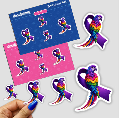 Parrot Purple Ribbon Alzheimer's sticker, featuring a colorful parrot on a purple ribbon, held by a hand. Available as vinyl stickers or digital artwork at Decal Venue.