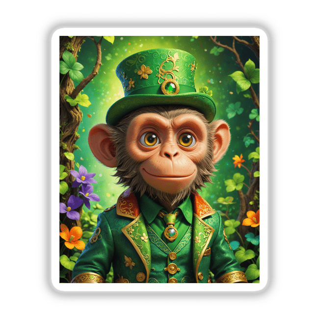 St. Patrick's Day Leprechaun Monkey cartoon in green attire, featuring a whimsical monkey with a green hat, available as stickers or digital artwork from Decal Venue.