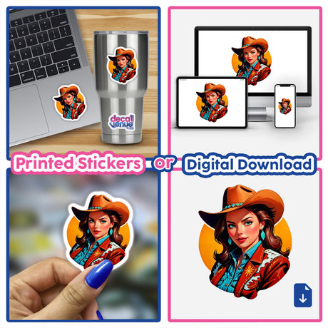 A collage featuring A Cute American Cowgirl stickers and digital artwork, showing a woman in a cowboy hat on a laptop and as decals, from Decal Venue's unique collection.