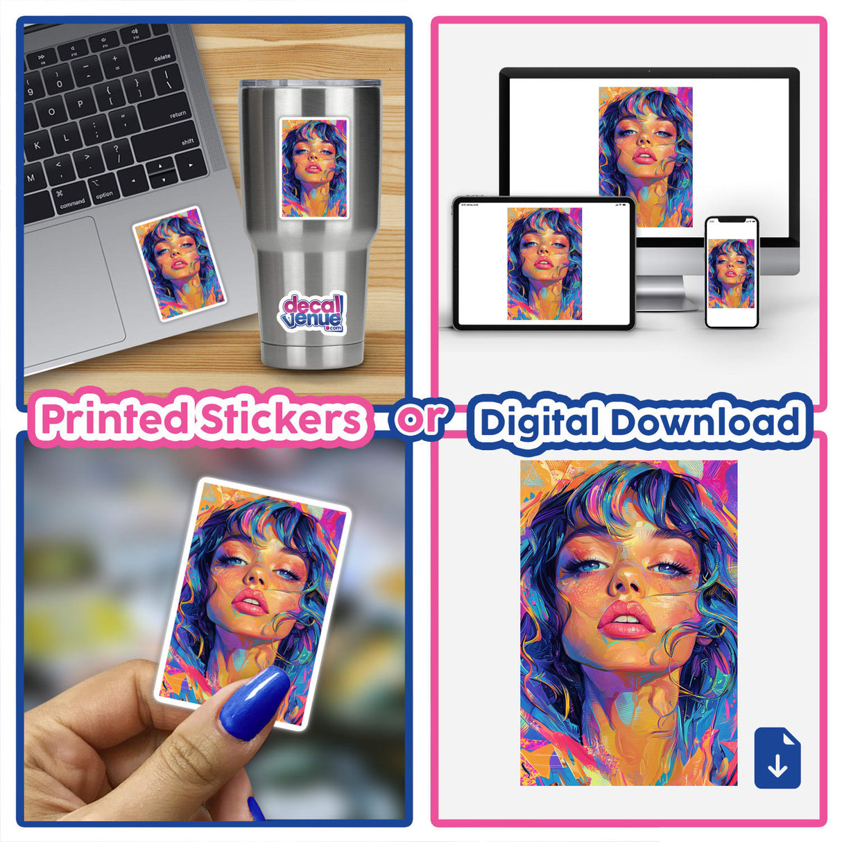 Collage featuring a Beautiful woman design on a laptop and sticker. The image highlights the product's digital artwork versatility, available as unique stickers from Decal Venue.