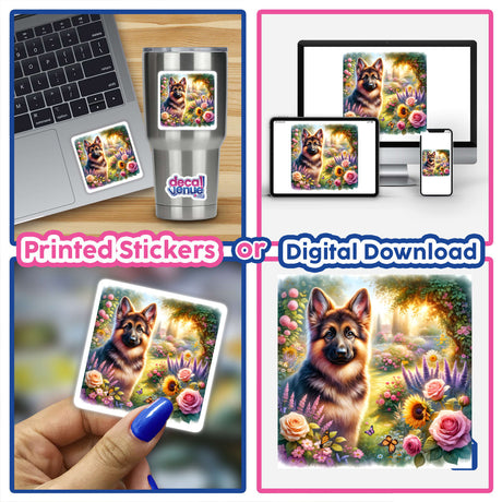 Collage featuring a laptop adorned with a German Shepherd in a Serene Countryside Garden Watercolor Illustration sticker, highlighting its availability as unique stickers or digital artwork.