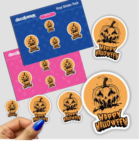 Happy Halloween stickers featuring pumpkins with faces and text, ideal for decorating and digital artwork.