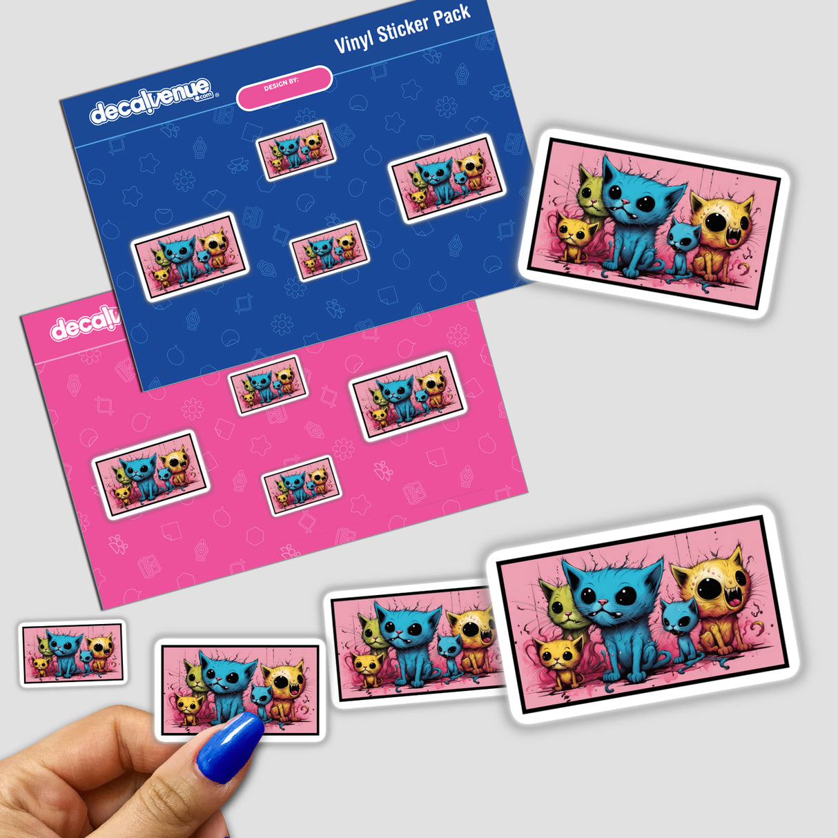 Crazy Psycho Cat Crew stickers featuring cartoon cats with big eyes, available as stickers or digital artwork. A playful design ideal for adding personality to your items.