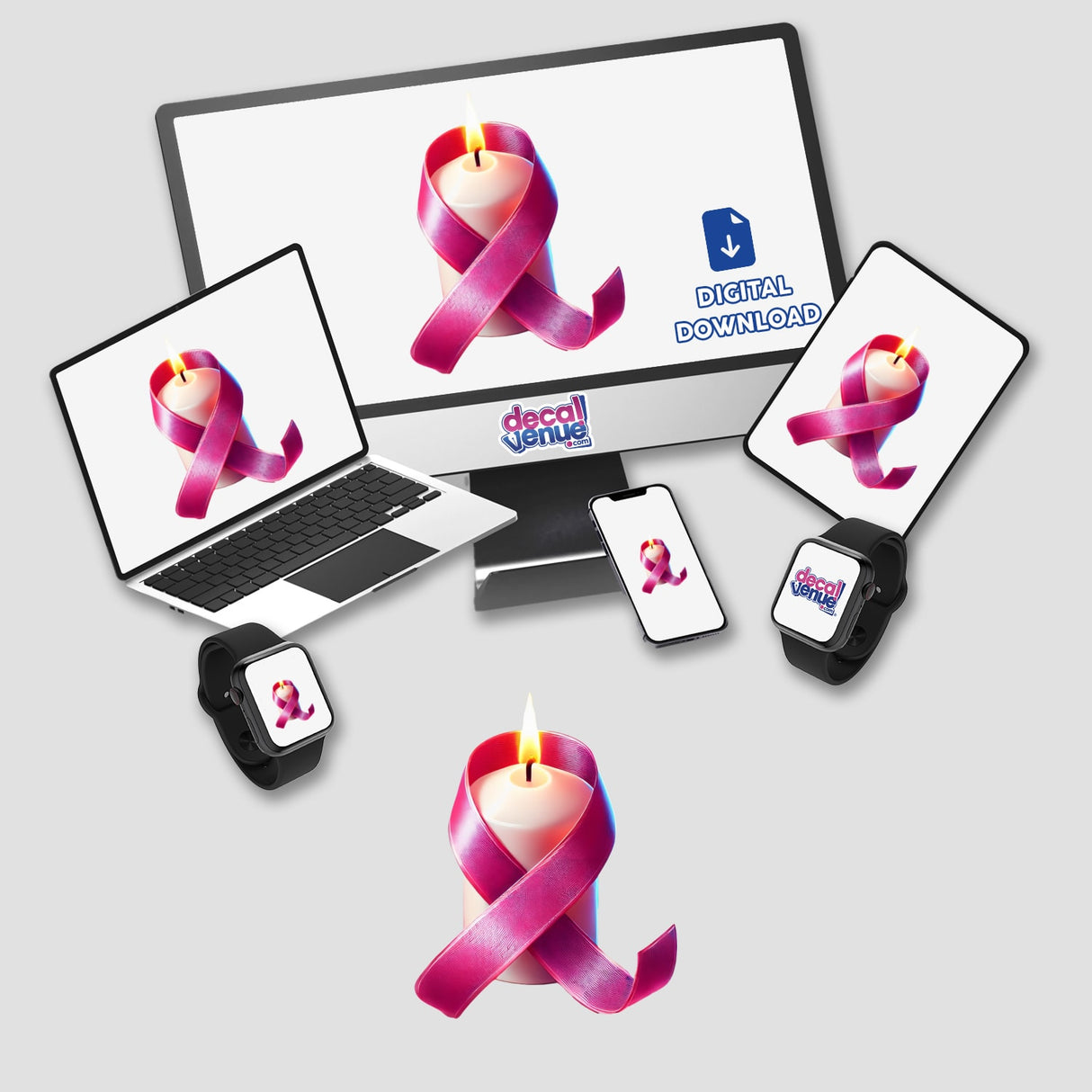 Pink Ribbon and Candle Breast Cancer Awareness digital artwork featuring a computer monitor, laptop, tablet, and phone with pink ribbons on their screens. Available as stickers or digital art.