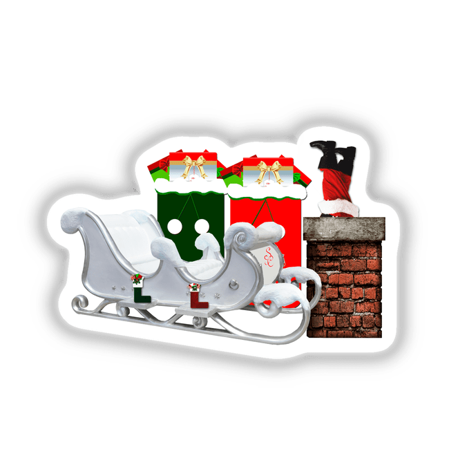 Santa Stuck in Chimney: Cartoon of Santa's legs protruding from a chimney, surrounded by a sleigh filled with presents and stockings. Available as stickers or digital artwork.