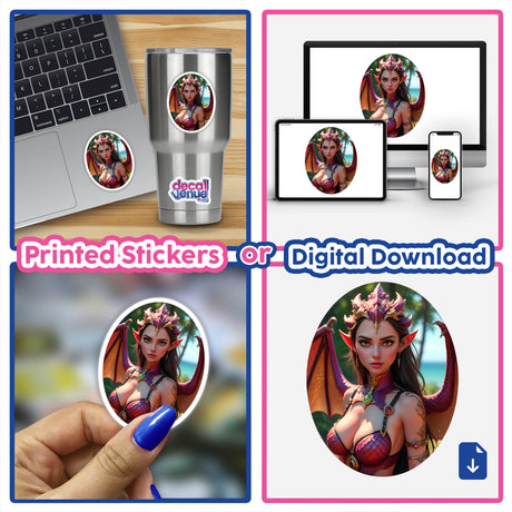 A collage featuring A Beautiful Fantasy Dragon Girl, depicting a woman with wings and a crown, available as stickers or digital artwork from Decal Venue.