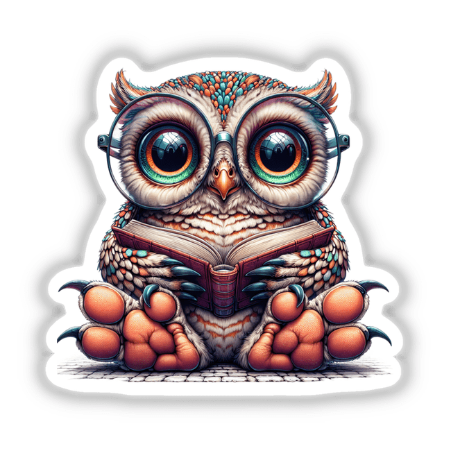 Cute Owl With Reading Glasses Open Book depicted in a cartoon style, available as stickers or digital artwork from Decal Venue, showcasing a whimsical owl engrossed in a book.