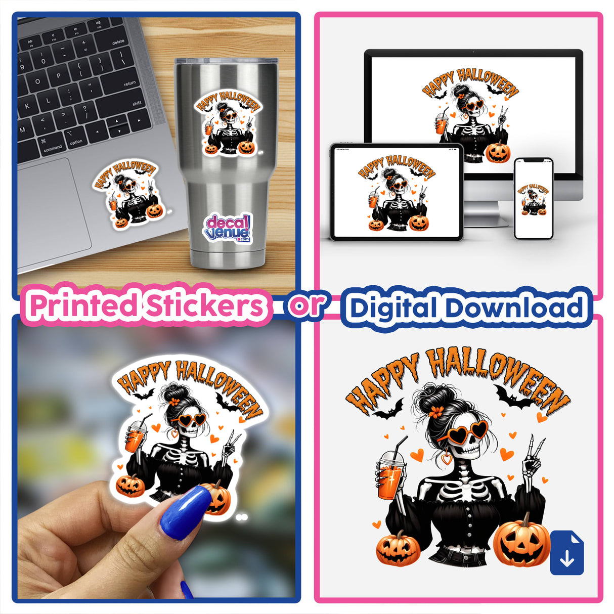 Halloween Skeleton Zombie Girl Bats and Hearts II sticker featuring a woman in a skeleton outfit, holding a drink and pumpkins. Available as a vibrant sticker or digital artwork.