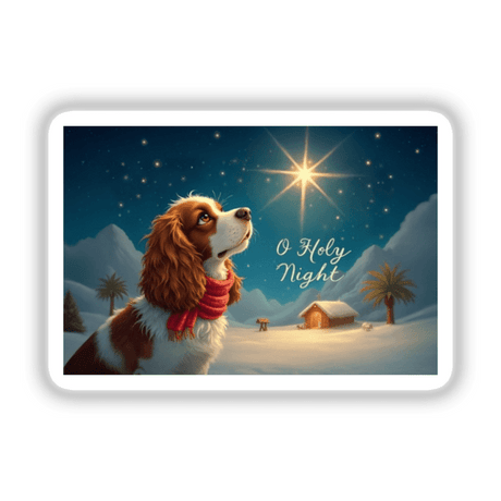 Cavalier King Charles Spaniel wearing a scarf looking up at a bright star, featured in the O Holy Night Christmas Sticker and Clipart. Available as stickers or digital artwork with commercial rights.