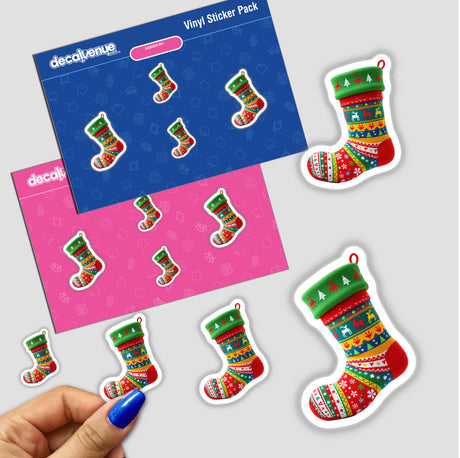 Stocking Ugly Christmas Sweater Style sticker pack features festive designs with reindeer and snowflakes, available as stickers or digital artwork.