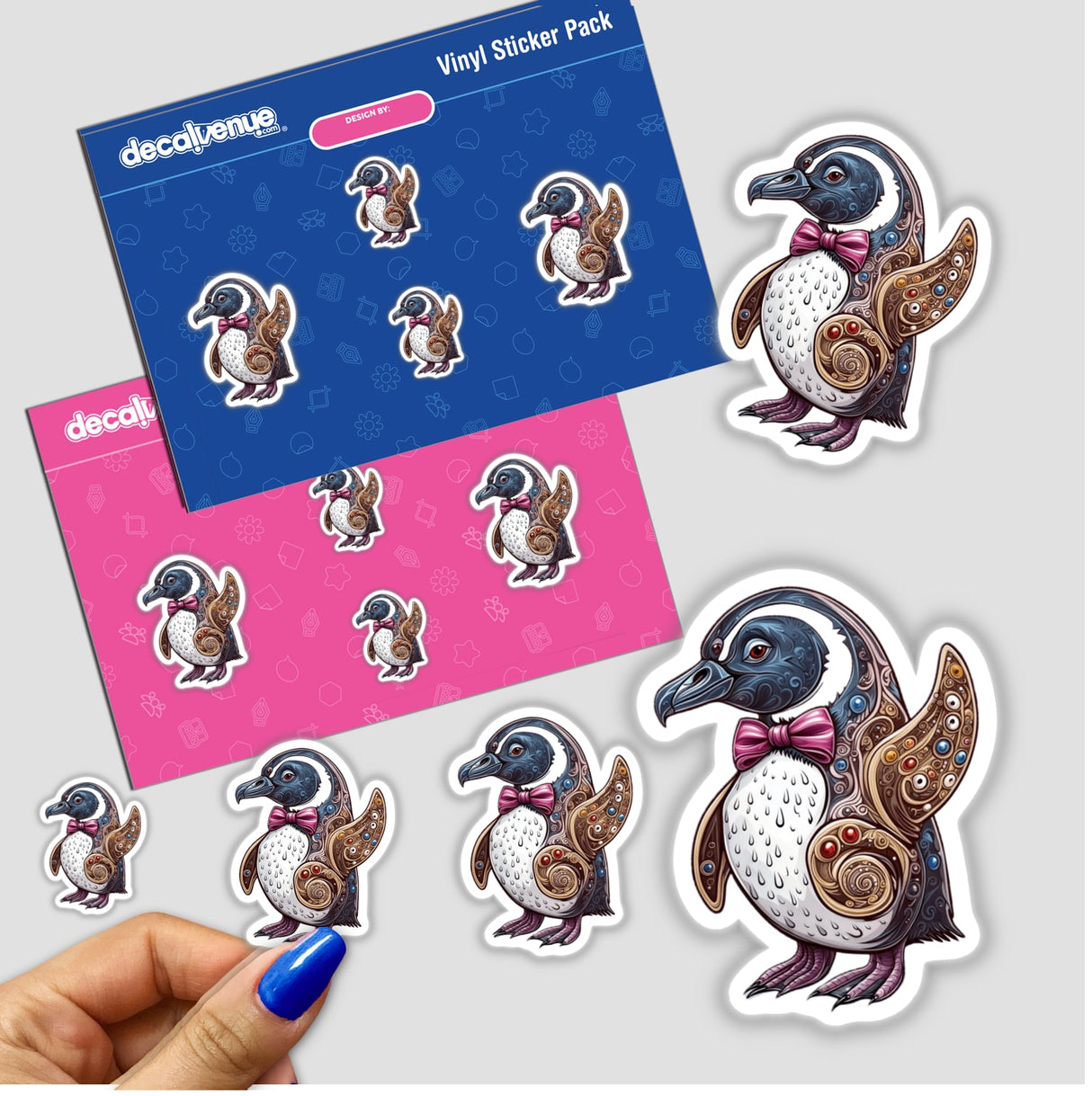 Elegant Penguin with Decorative Patterns and Pink Bow Tie sticker pack, featuring charming cartoon penguins. Available as vinyl stickers or digital artwork from Decal Venue.