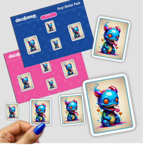 Splash Art Alien Invasion: Pet Alien Monster sticker pack featuring vibrant cartoon characters, including a hand holding the pack, showcasing unique designs available as stickers or digital artwork.