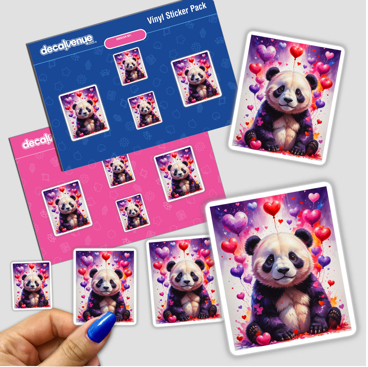 A Cute Panda Bear With Love Hearts sticker featuring a cartoon panda surrounded by hearts and balloons, available as vinyl stickers or digital artwork from Decal Venue.