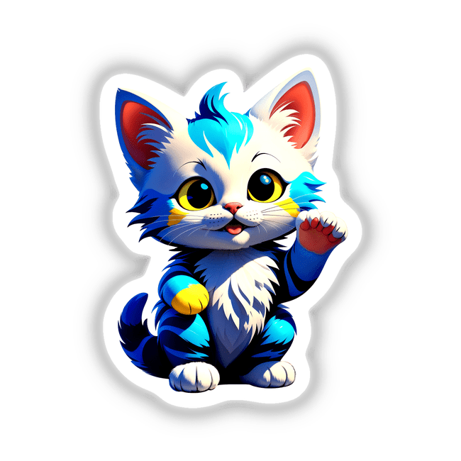 A Cute Little Kitten cartoon featuring a white and blue fur design with yellow eyes and a blue nose, available as stickers or digital artwork from Decal Venue.