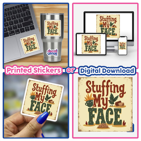 Stuffing My Face Thanksgiving Sticker & Clipart with Commercial Rights displayed on laptop and phone, showcasing its versatility as a digital artwork or unique sticker for diverse applications.