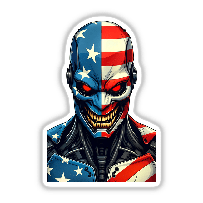 A Cool American Flag Army Cyborg sticker featuring a robot design with a flag motif, available as both a sticker and digital artwork from Decal Venue.