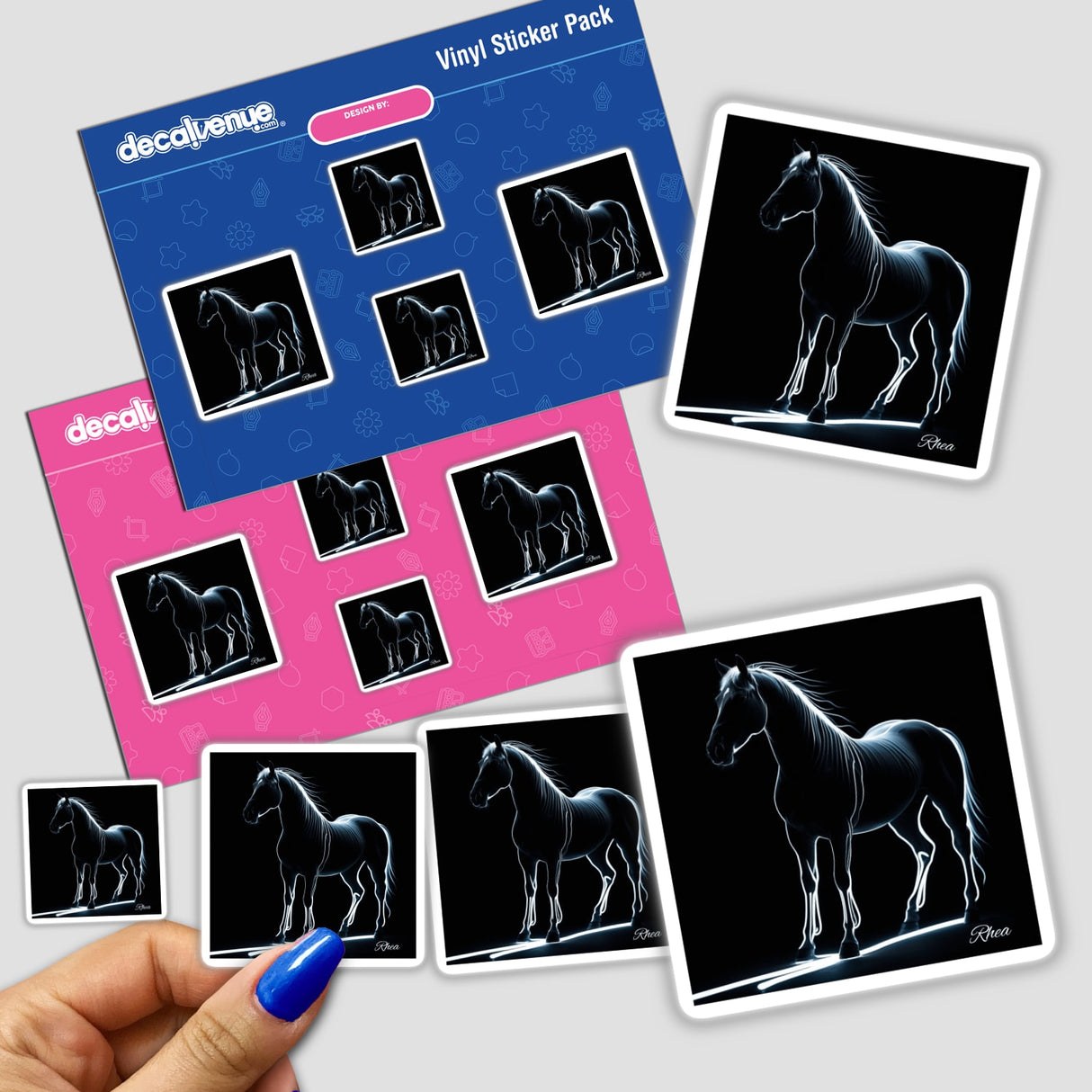 Verge of Fearlessness sticker pack featuring artistic horse designs, held in a hand, perfect for unique decoration or digital artwork, available at Decal Venue.