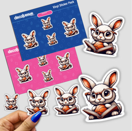 Bunny Rabbit in Reading Glasses with Open Book and Basketball sticker, featuring a cartoon rabbit balancing intellect and sports, perfect for decorating laptops or journals.