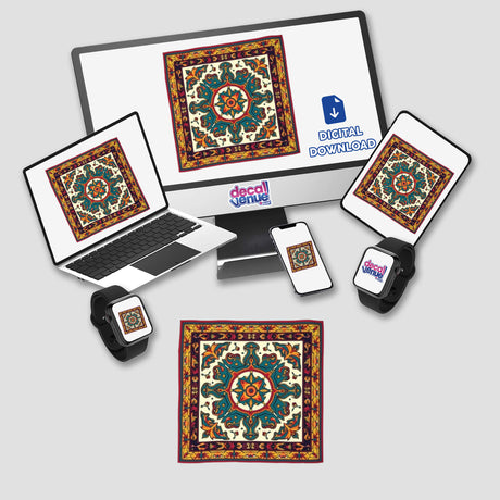 Computer monitor, laptop, smartphone, and smartwatch displaying Fall Aesthetic Boho Mandala Bandana Clipart for stickers or commercial use download.