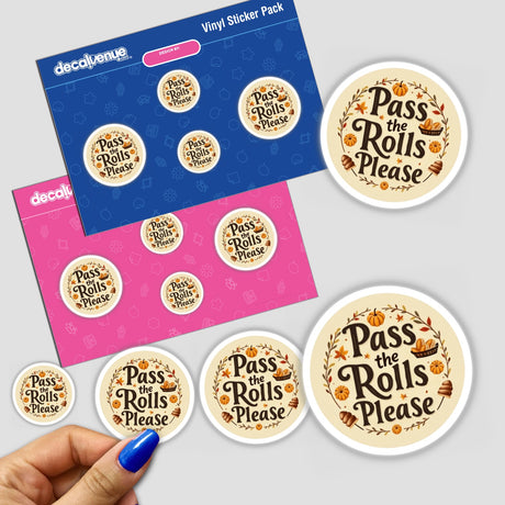 Pass the Rolls, Please Funny Thanksgiving Sticker features playful text with an autumn theme, ideal for holiday decor. Available as stickers or digital artwork, perfect for adding humor to Thanksgiving celebrations.