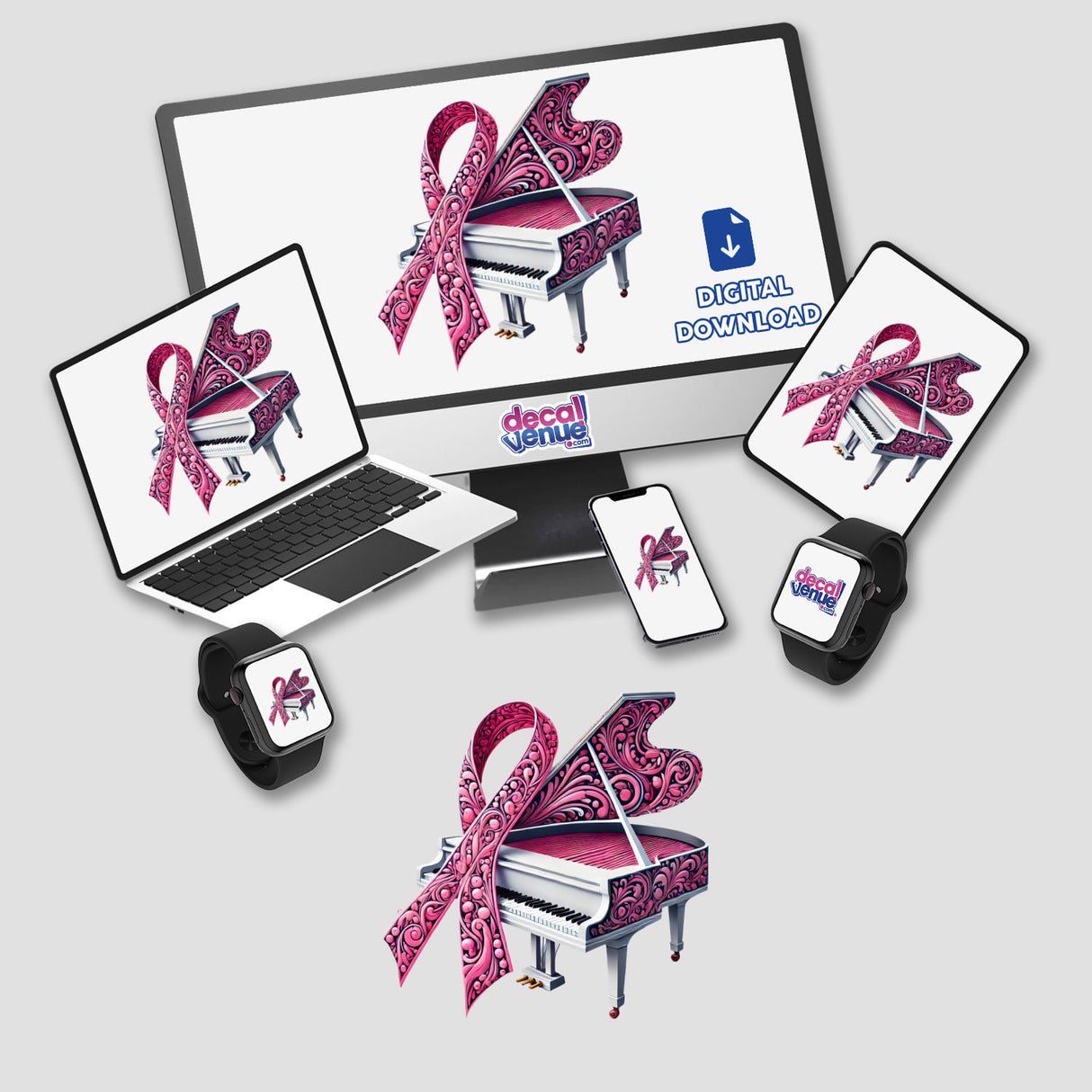 Grand Piano Pink Ribbon Breast Cancer digital artwork featuring a laptop and computer monitor adorned with pink ribbons, symbolizing breast cancer awareness. Available as stickers or digital art from Decal Venue.