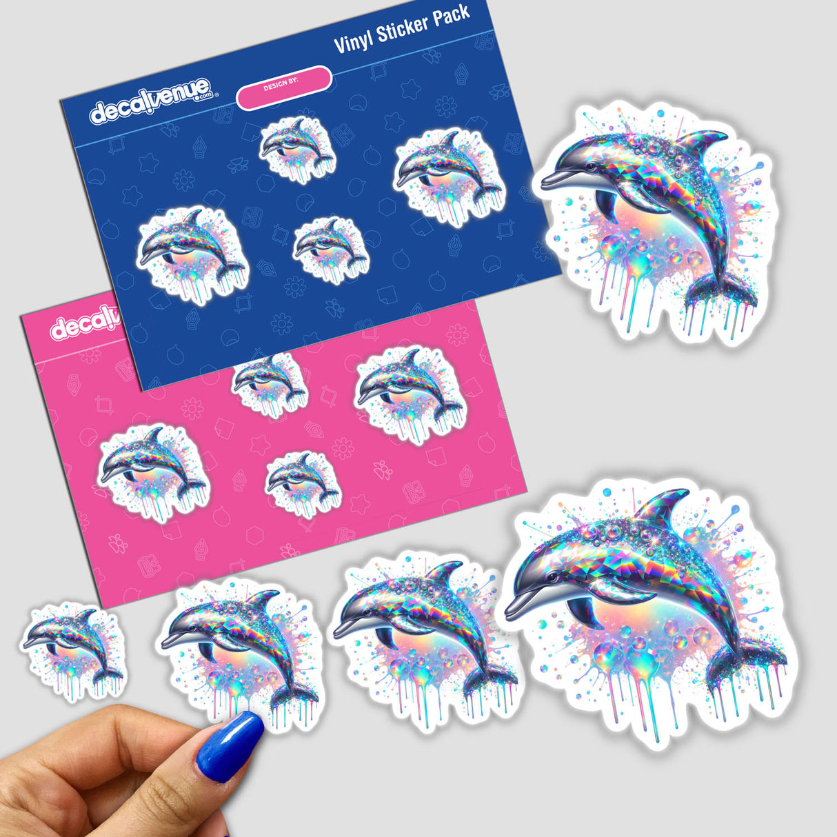 Holographic Color Dolphin Splash - Vibrant digital artwork featuring playful dolphins in a vibrant, holographic color scheme displayed on sticker packs.