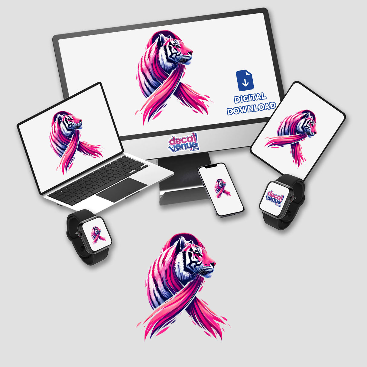 Tiger Pink Ribbon Breast Cancer digital artwork on computer monitor and laptop screens, featuring a pink ribbon and tiger, available as stickers.