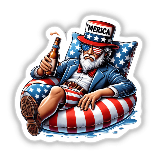 Cartoon of a man in sunglasses and a hat, sitting on a float with Uncle Sam American Flag Float Merica text, available as stickers or digital artwork.