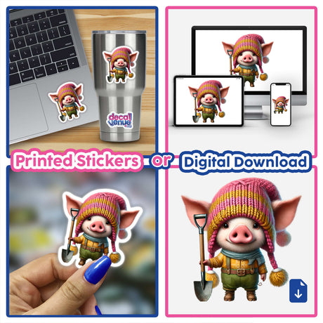 Cartoon pig gnome holding a shovel, displayed on various digital and physical media such as a laptop, mobile devices, and stickers.