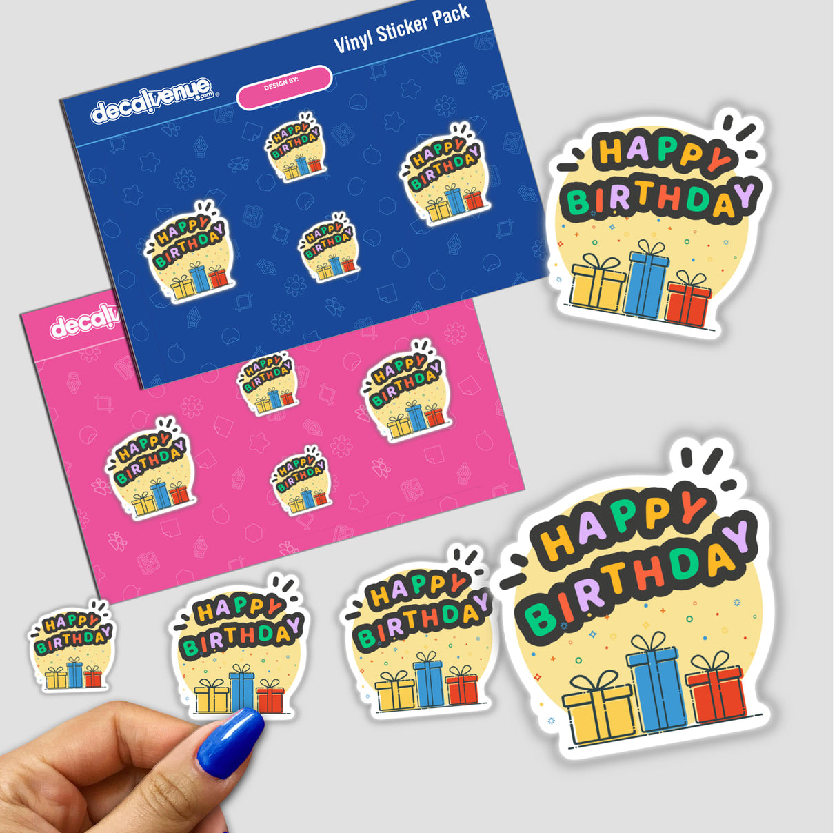 Hand holding Happy Birthday with presents stickers, featuring colorful cartoon presents and birthday-themed designs.