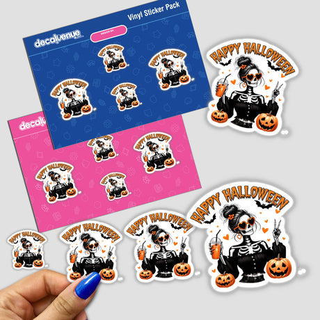 Halloween Skeleton Zombie Girl Bats and Hearts II sticker pack featuring a woman in a skeleton garment. The design includes bats, hearts, and pumpkins, available as stickers or digital artwork.