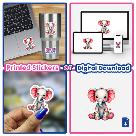 A collage featuring A Cute Elephant With Flowers sticker displayed on a laptop, cup, and digital artwork, showcasing Decal Venue's unique sticker and digital art offerings.