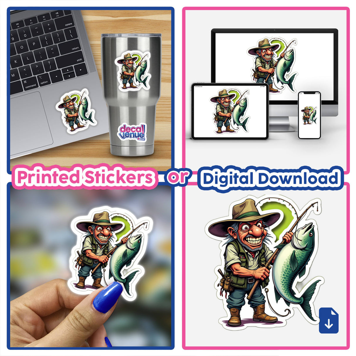 Collage featuring A Super Tainha stickers: a cartoon fisherman holding a fish, a laptop and cup with stickers, and a man fishing. Available as stickers or digital artwork.